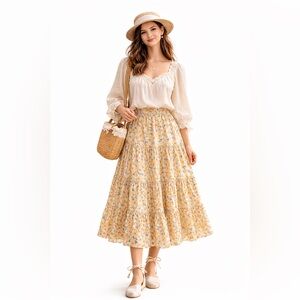 Lena Floral Tiered Midi Cottagecore Boho Spring Prairie Light Academia  Skirt M